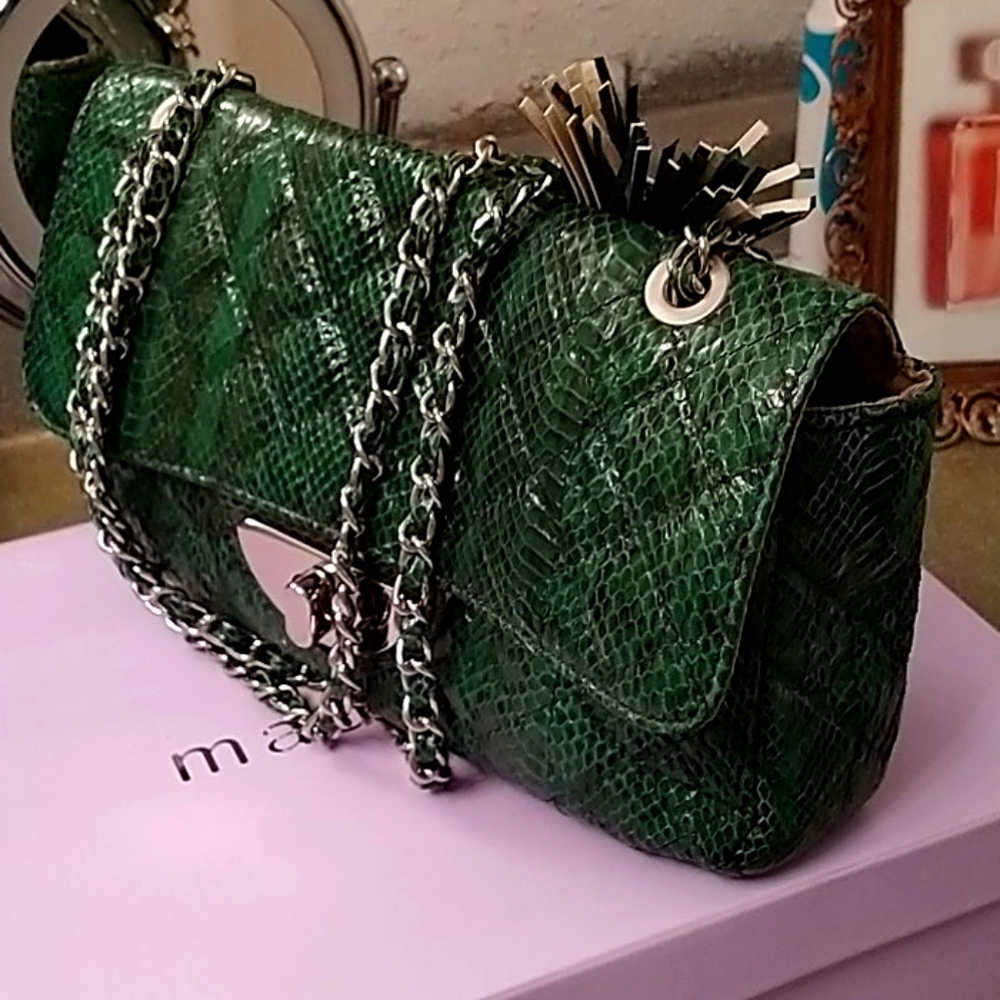 Silver chain green snake leather bag